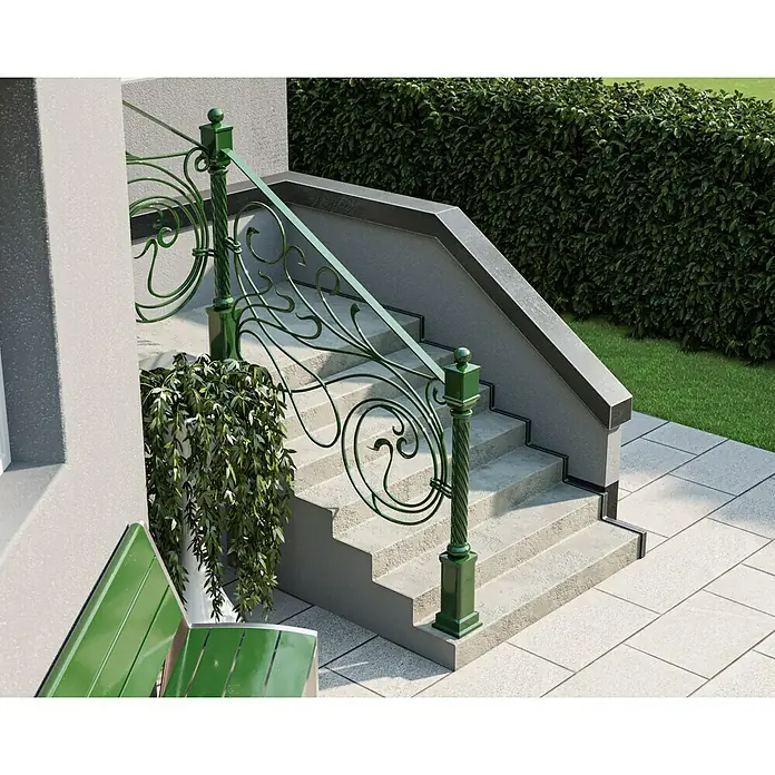 swingcolor Buntlack Kunstharz für Außen - Laubgrün, Hochglänzend, 125 ml, Lösemittelbasiert - Detailaufnahme einer Außentreppe mit einem kunstvollen, grün gestrichenen Geländer, das sich harmonisch in die Gartenlandschaft einfügt.