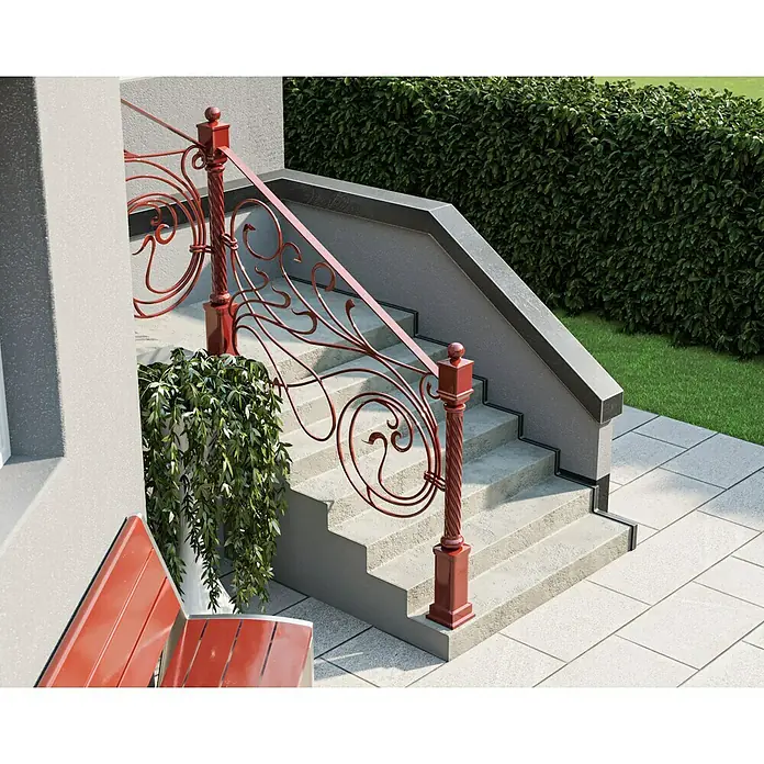 swingcolor Buntlack Kunstharz für Außen - Feuerrot, Hochglänzend, 125 ml, Lösemittelbasiert - Elegante Außentreppe mit rot lackiertem Geländer, kunstvollen Verzierungen und einem üppigen Topf mit Grünpflanzen als dekoratives Element.