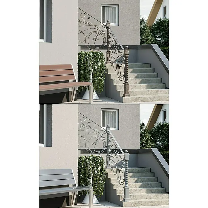 swingcolor Buntlack Kunstharz für Außen - Silbergrau, Hochglänzend, 750 ml, Lösemittelbasiert - Bild des Außenbereichs mit einer Bank und Treppe mit dekorativem Geländer.