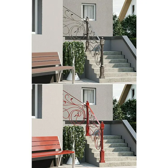 swingcolor Buntlack Kunstharz für Außen - Feuerrot, Hochglänzend, 125 ml, Lösemittelbasiert - Vergleich von zwei Bildern eines Hauses mit Treppe, Bank und kunstvollem Geländer, einmal in Braun- und einmal in Rottönen.