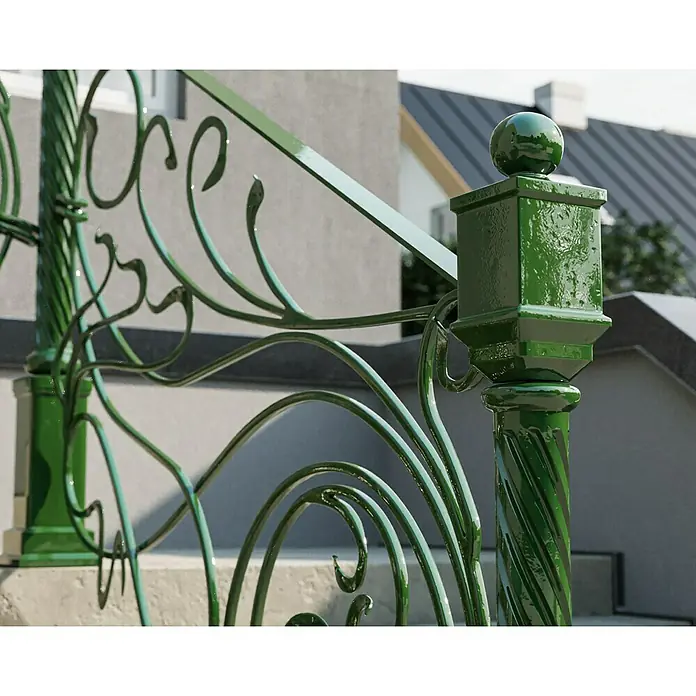swingcolor Buntlack Kunstharz für Außen - Laubgrün, Hochglänzend, 125 ml, Lösemittelbasiert - Nahaufnahme eines kunstvoll gestalteten, grünen Metallgeländers. Die filigranen Verzierungen und die glänzende Oberfläche fallen ins Auge.