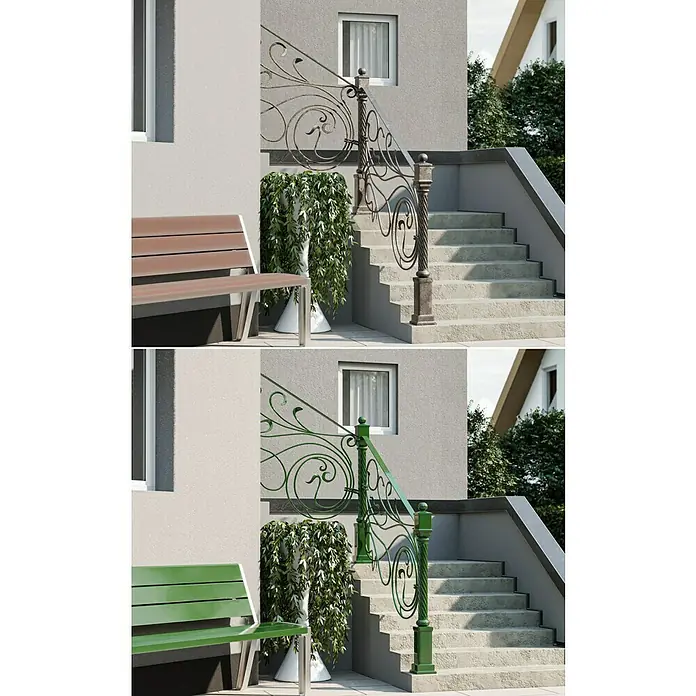 swingcolor Buntlack Kunstharz für Außen - Laubgrün, Hochglänzend, 125 ml, Lösemittelbasiert - Vergleich zweier Darstellungen einer Außentreppe mit dekorativem Geländer und einer Bank, wobei die Farben variieren und das Design hervorgehoben wird.