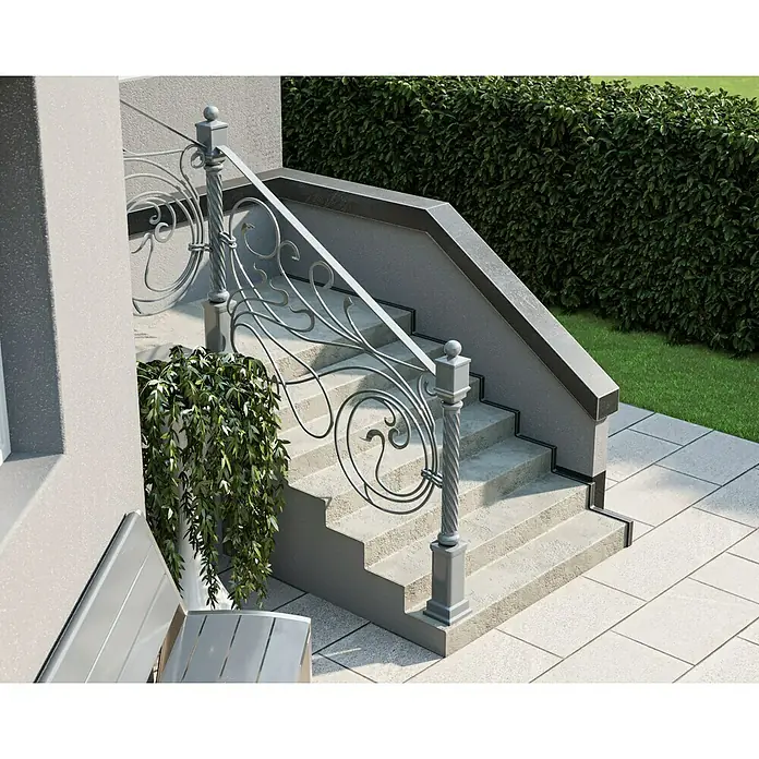 swingcolor Buntlack Kunstharz für Außen - Silbergrau, Hochglänzend, 750 ml, Lösemittelbasiert - Eine elegante Außentreppe mit einem verzierten, grauen Geländer, die zu einem Haus führt und von üppigem Grün umgeben ist.