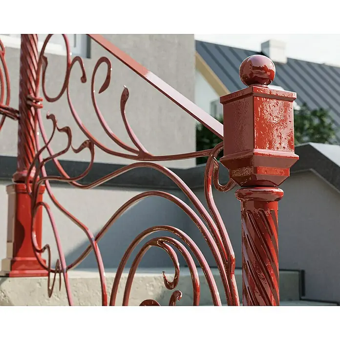 swingcolor Buntlack Kunstharz für Außen - Feuerrot, Hochglänzend, 125 ml, Lösemittelbasiert - Nahaufnahme eines rot lackierten Geländers mit dekorativen Verzierungen, das die kunstvolle Gestaltung hervorhebt.