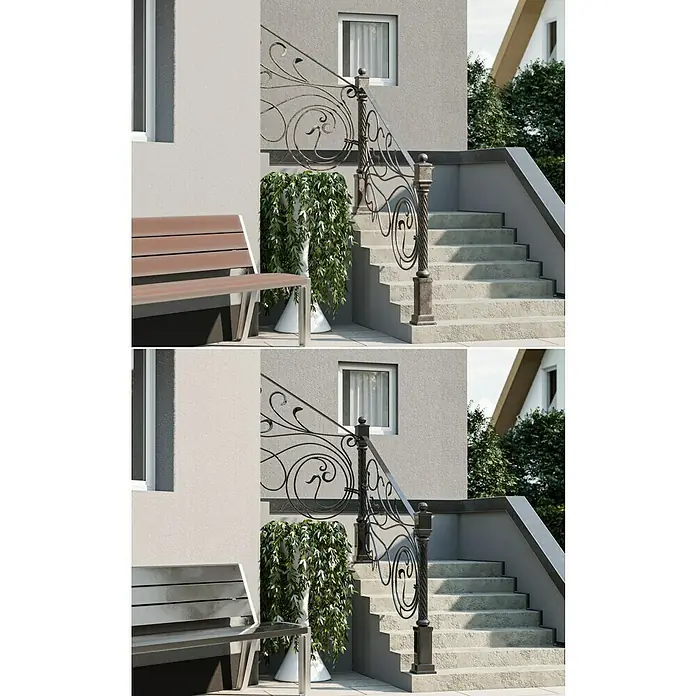 swingcolor Buntlack Kunstharz für Außen - Schwarz, Hochglänzend, 750 ml, Lösemittelbasiert - Nahaufnahme von einer modernen Bank vor einem Gebäude mit Treppe und dekorativem Geländer.