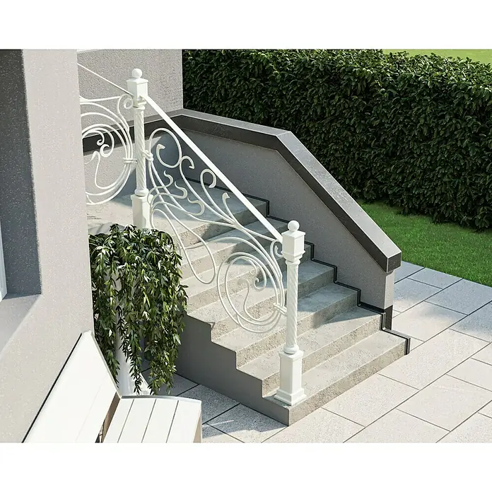 swingcolor Buntlack Kunstharz für Außen - Reinweiß, Hochglänzend, 125 ml, Lösemittelbasiert - Elegante Außentreppe mit weißem Geländer und üppiger Bepflanzung, die einen einladenden Eingangsbereich schafft und das Gesamtbild aufwertet.