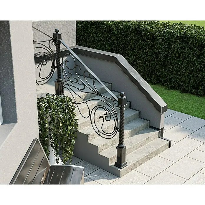 swingcolor Buntlack Kunstharz für Außen - Schwarz, Hochglänzend, 750 ml, Lösemittelbasiert - Elegante Außentreppe mit dekorativem Geländer.