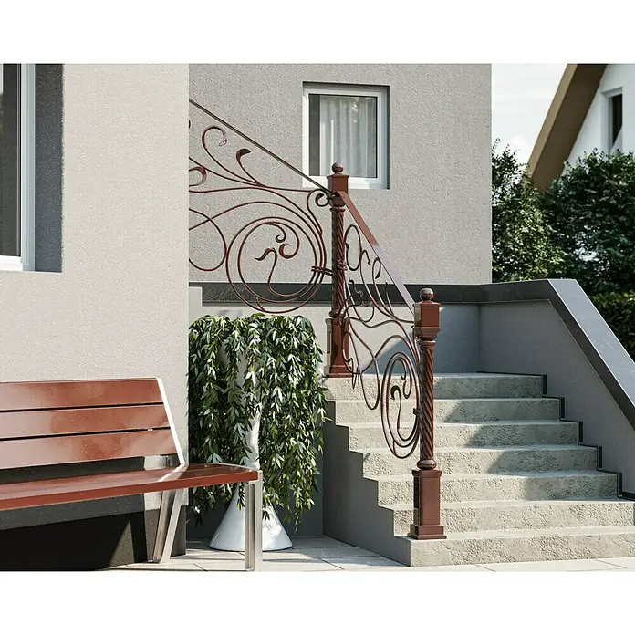 swingcolor Buntlack Kunstharz für Außen - Nussbraun, Hochglänzend, 125 ml, Lösemittelbasiert - Eine Nahaufnahme eines dekorativen Treppengeländers aus Metall, das eine stilvolle Ergänzung zu diesem Hauseingang darstellt.