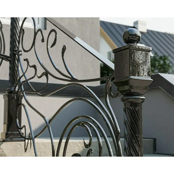 swingcolor Buntlack Kunstharz für Außen - Schwarz, Hochglänzend, 750 ml, Lösemittelbasiert - Detailaufnahme eines schmiedeeisernen Geländers mit kunstvollen Verzierungen und einem glänzenden Finish.