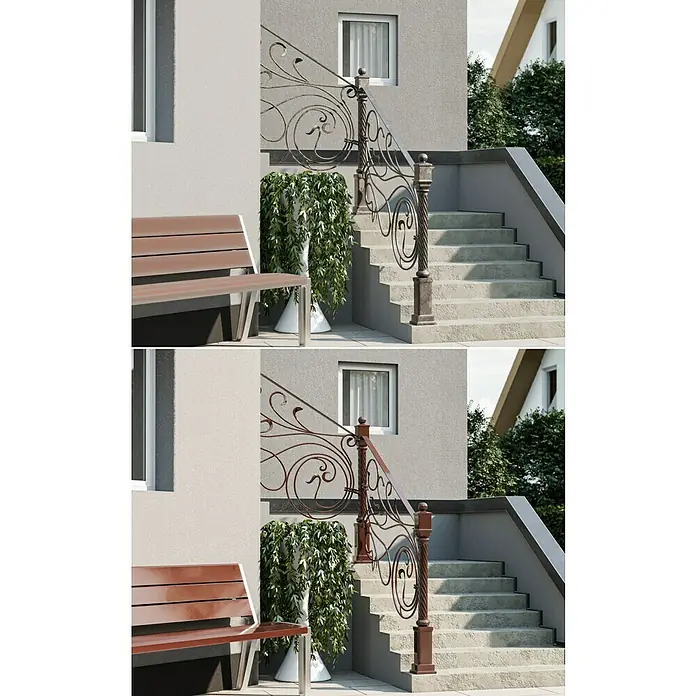 swingcolor Buntlack Kunstharz für Außen - Nussbraun, Hochglänzend, 125 ml, Lösemittelbasiert - Außenansicht eines Hauses mit Treppe, kunstvollem Geländer und Bank. Das dekorative Geländer betont den Eingangsbereich.