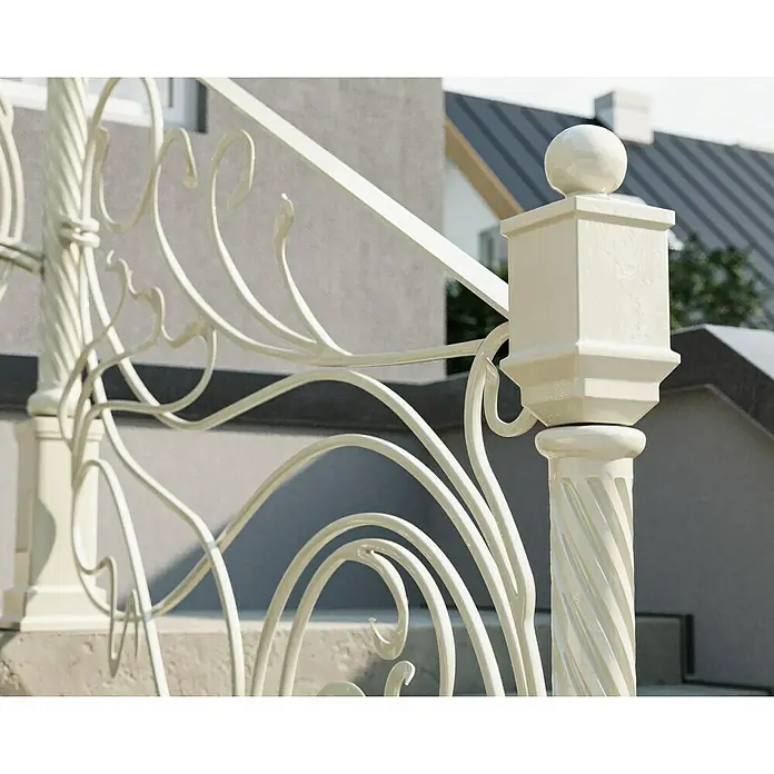 swingcolor Buntlack Kunstharz für Außen - Cremeweiß, Hochglänzend, 125 ml, Lösemittelbasiert - Detailansicht eines kunstvoll gefertigten Treppengeländers aus Metall, das Eleganz und Handwerkskunst vereint.