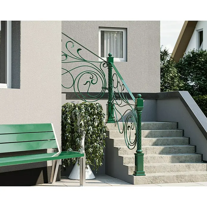 swingcolor Buntlack Kunstharz für Außen - Moosgrün, Hochglänzend, 750 ml, Lösemittelbasiert - Detailaufnahme eines verzierten grünen Treppengeländers, das eine elegante Note im Außenbereich verleiht.