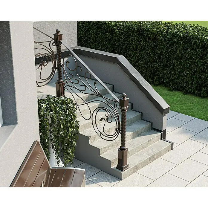 swingcolor Buntlack Kunstharz für Außen - Schokobraun, Hochglänzend, 750 ml, Lösemittelbasiert - Nahaufnahme einer kunstvollen Treppe mit Geländer und Pflanze, die den Außenbereich verschönern und einen einladenden Eingangsbereich schaffen.