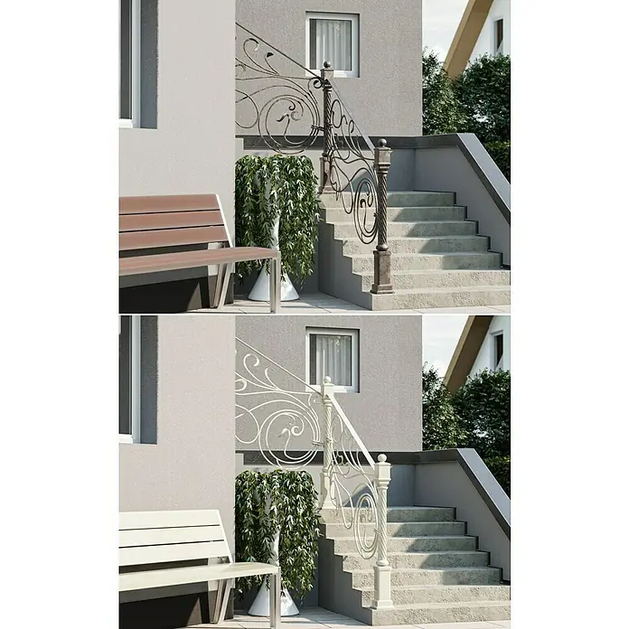 swingcolor Buntlack Kunstharz für Außen - Cremeweiß, Hochglänzend, 125 ml, Lösemittelbasiert - Eine Hausfassade mit Treppe und verzierten Geländern in zwei Farbvarianten, die unterschiedliche Stimmungen erzeugen.