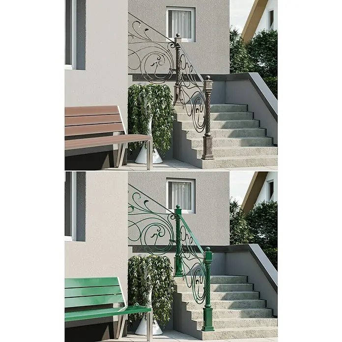 swingcolor Buntlack Kunstharz für Außen - Moosgrün, Hochglänzend, 750 ml, Lösemittelbasiert - Draufsicht auf eine Außentreppe mit kunstvollem Geländer und einer Bank. Das Geländer ist filigran verziert, die Bank lädt zum Verweilen ein.