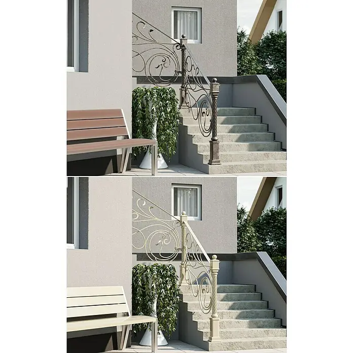 swingcolor Buntlack Kunstharz für Außen - Hellelfenbein, Hochglänzend, 750 ml, Lösemittelbasiert - Zwei Ansichten eines Hauses mit Treppe und verzierten Geländern, wobei die Farben in den Bildern variieren.