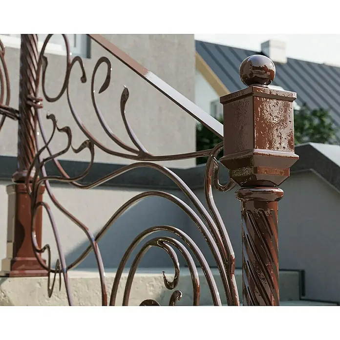 swingcolor Buntlack Kunstharz für Außen - Nussbraun, Hochglänzend, 125 ml, Lösemittelbasiert - Nahaufnahme eines kunstvollen, braunen Metallgeländers mit dekorativen Verzierungen und einer glänzenden Oberfläche.
