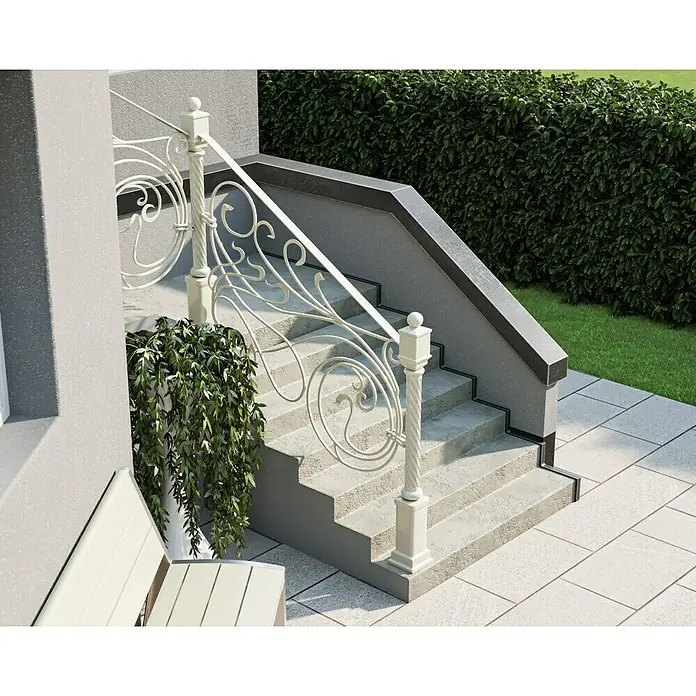 swingcolor Buntlack Kunstharz für Außen - Cremeweiß, Hochglänzend, 125 ml, Lösemittelbasiert - Elegantes Treppenhaus mit weißem Geländer und üppigem Grün. Die Treppe ist mit hellen Steinen gestaltet und führt zu einer gepflegten Grünfläche.