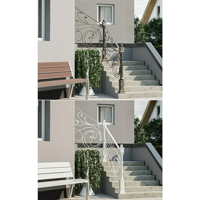 swingcolor Buntlack Kunstharz für Außen - Altweiß, Hochglänzend, 750 ml, Lösemittelbasiert - Bild zeigt eine Treppe mit kunstvollem Geländer. Die Treppe führt zu einem Gebäude mit Fenster und dekorativer Bepflanzung.