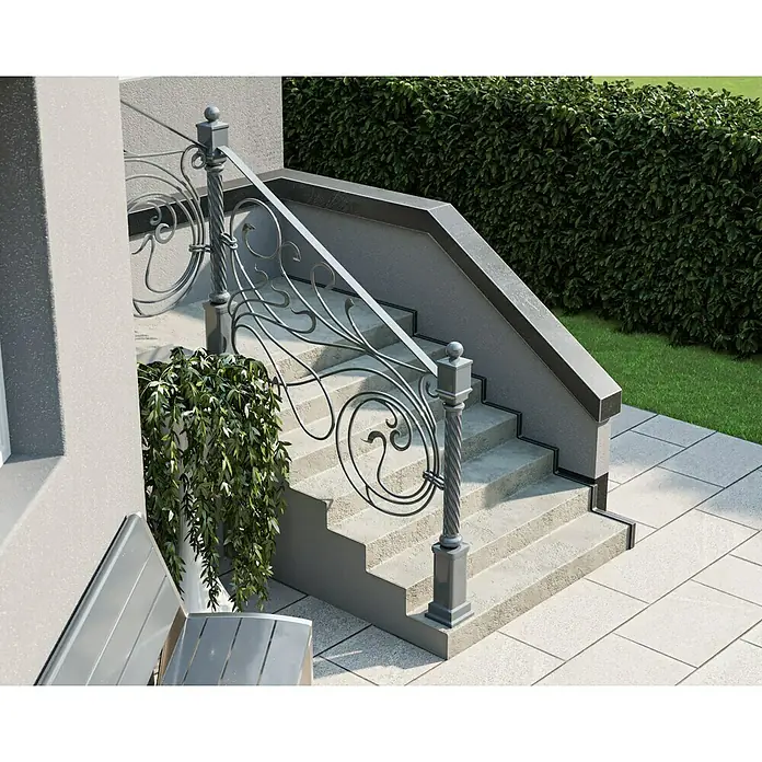 swingcolor Buntlack Kunstharz für Außen - Lichtgrau, Hochglänzend, 750 ml, Lösemittelbasiert - Stilvolle Treppe mit kunstvollem Geländer, das Design und Sicherheit vereint. Ideal für den eleganten Zugang zum Haus.