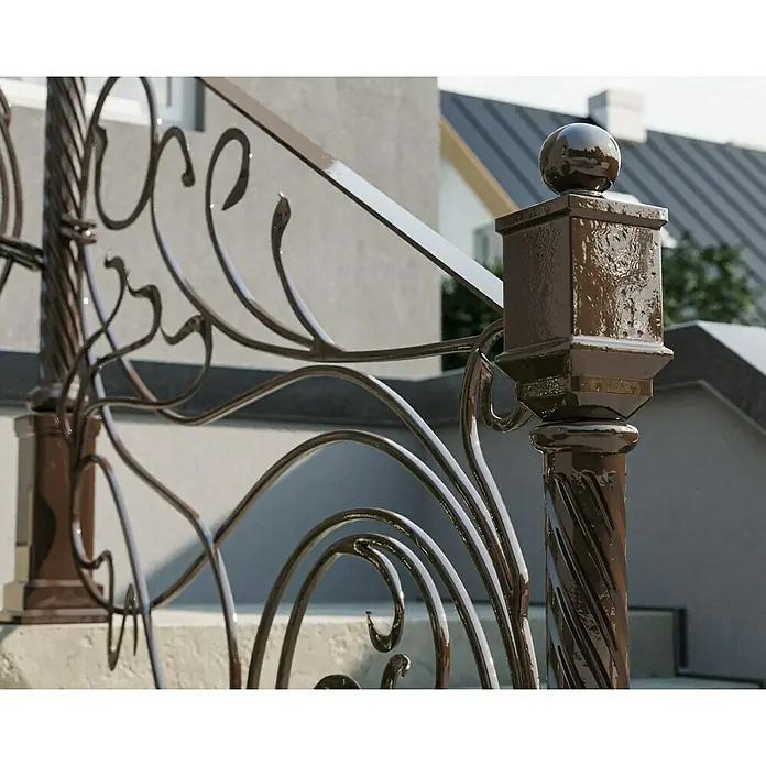 swingcolor Buntlack Kunstharz für Außen - Schokobraun, Hochglänzend, 750 ml, Lösemittelbasiert - Detailaufnahme eines eleganten, geschwungenen Treppengeländers aus dunklem Metall, das eine stilvolle Note im Außenbereich vermittelt.