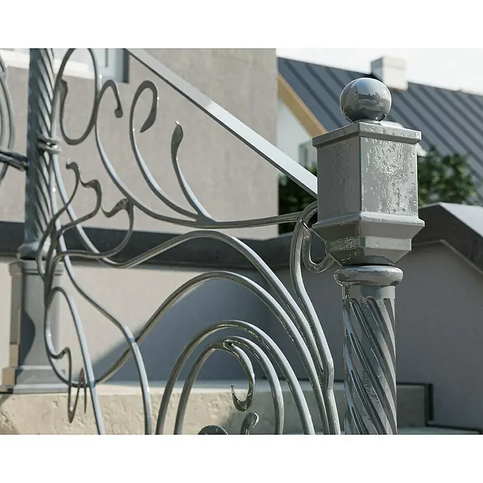 swingcolor Buntlack Kunstharz für Außen - Lichtgrau, Hochglänzend, 750 ml, Lösemittelbasiert - Detailaufnahme eines kunstvoll geschmiedeten Geländers mit eleganten Verzierungen und einem dekorativen Pfosten mit Kugelaufsatz.