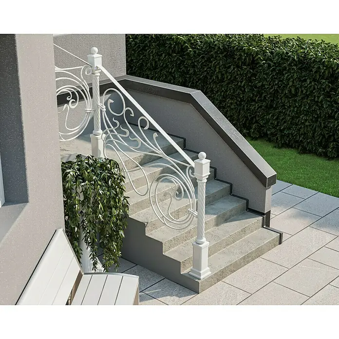 swingcolor Buntlack Kunstharz für Außen - Altweiß, Hochglänzend, 750 ml, Lösemittelbasiert - Elegantes Außentreppengeländer aus weißem Metall mit kunstvollen Verzierungen, das Design und Funktionalität verbindet.
