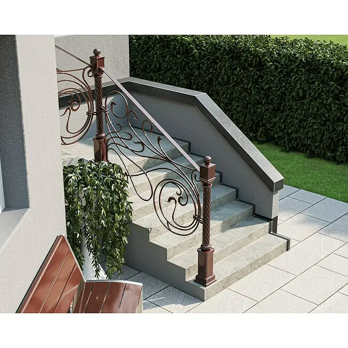swingcolor Buntlack Kunstharz für Außen - Nussbraun, Hochglänzend, 125 ml, Lösemittelbasiert - Elegante Außentreppe mit kunstvollem Geländer aus dunklem Metall, das sich spiralförmig nach oben windet. Eine stilvolle Ergänzung für jedes Haus.