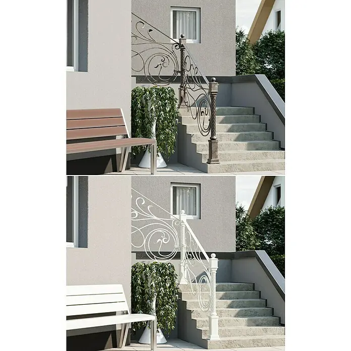 swingcolor Buntlack Kunstharz für Außen - Reinweiß, Hochglänzend, 125 ml, Lösemittelbasiert - Eine zweigeteilte Ansicht von Treppen mit kunstvollen Geländern und einer Bank, einmal in dunklen Tönen und einmal in Weiß.