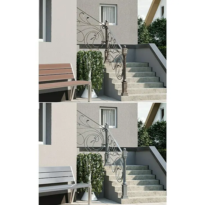 swingcolor Buntlack Kunstharz für Außen - Lichtgrau, Hochglänzend, 750 ml, Lösemittelbasiert - Bild einer Außentreppe mit dekorativem Geländer und einer Bank, die ein einladendes Ambiente schafft.\n
