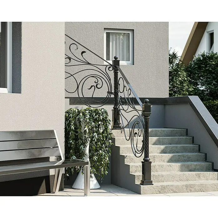 swingcolor Buntlack Kunstharz für Außen - Schwarz, Hochglänzend, 750 ml, Lösemittelbasiert - Das kunstvolle Geländer aus Schmiedeeisen ziert die Treppe und verleiht dem Eingangsbereich einen eleganten Touch. Stilvolles Design trifft auf Funktionalität.