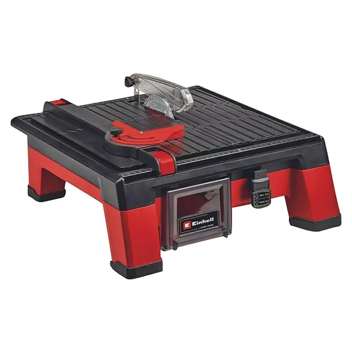 Einhell Power X-Change 18V Akku-Fliesenschneider TE-TC 18/115 - 18 V, Ohne Akku, Schnitttiefe bei 90 °: 24 mm - Einhell Fliesenschneider: Kompakter Tisch mit roter Basis, schwarzer Arbeitsfläche und Diamanttrennscheibe zum präzisen Schneiden von Fliesen.