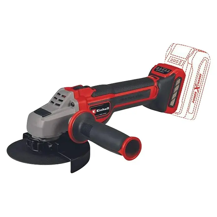 Einhell Professional PXC 18V Amoladora angular de batería TP-AG 18/125 CE Q Li - Solo - Sin batería, Diámetro disco: 125 cm, 3.000 r.p.m. - 10.500 r.p.m. - Una amoladora angular inalámbrica Einhell con cuerpo rojo y gris, mango negro y disco de rectificado negro.
