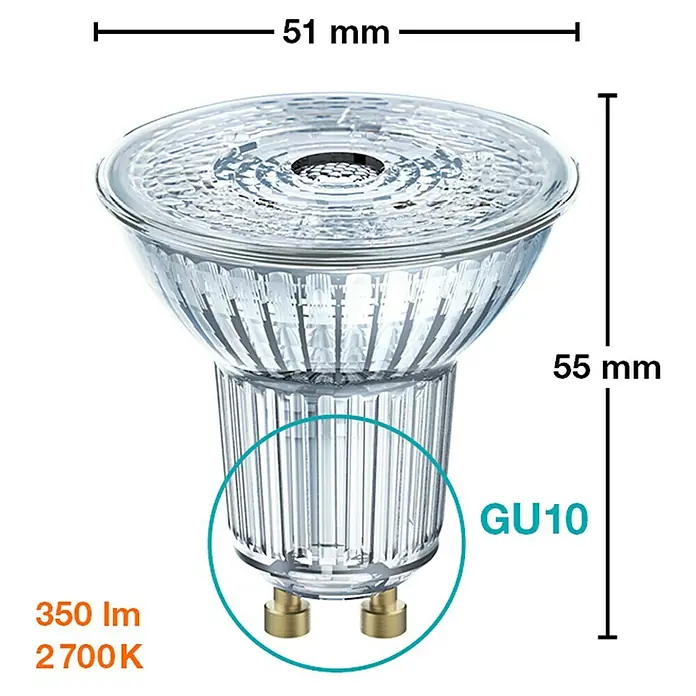 Osram Star LED-Lampen Set Reflektor GU10 - GU10, Nicht Dimmbar, Warmweiß, 350 lm, 4,3 W, 2 Stk. - Produktbild einer GU10 Halogenlampe mit Maßangaben und technischen Daten.