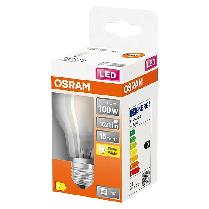 Osram Retrofit Bombilla LED - E27, No regulable, Blanco cálido, 1.521 lm, 11 W - Bombilla LED Osram en embalaje, sustituye a 100 vatios, proporciona luz blanca cálida. Clase de eficiencia energética D.