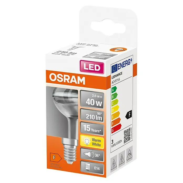 Osram Star Bombilla LED R50 - E14, No regulable, Blanco cálido, 210 lm, 2,6 W - Embalaje de una bombilla LED OSRAM, que consume 2,6 W, equivalente a 40 W, ofrece luz blanca cálida y tiene una vida útil de 15 años.