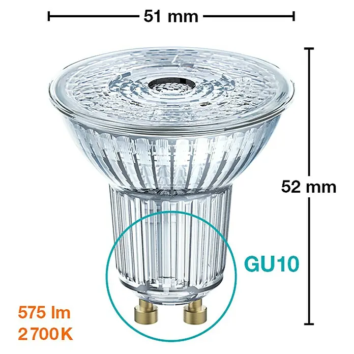 Osram Star Bombilla LED - GU10, No regulable, Blanco cálido, 575 lm, 6,9 W - Lámpara LED GU10 con dimensiones de 51 mm de diámetro y 52 mm de altura, ideal para iluminación interior.