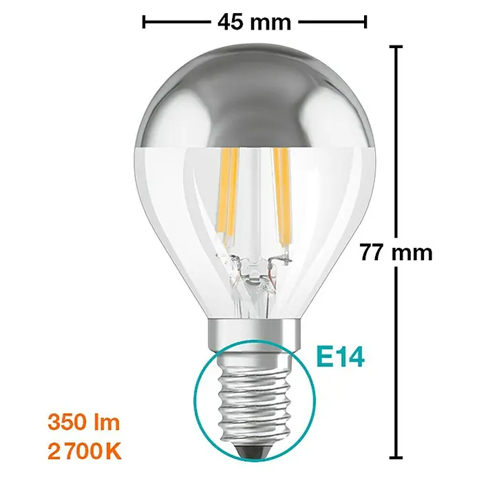 Osram Retrofit Bombilla LED - E14, No regulable, Blanco cálido, 380 lm, 4 W - Imagen del producto de una lámpara LED E14, esférica con parte superior de espejo, dimensiones (45 mm x 77 mm), 350 lúmenes, 2700 Kelvin para iluminación ambiental.