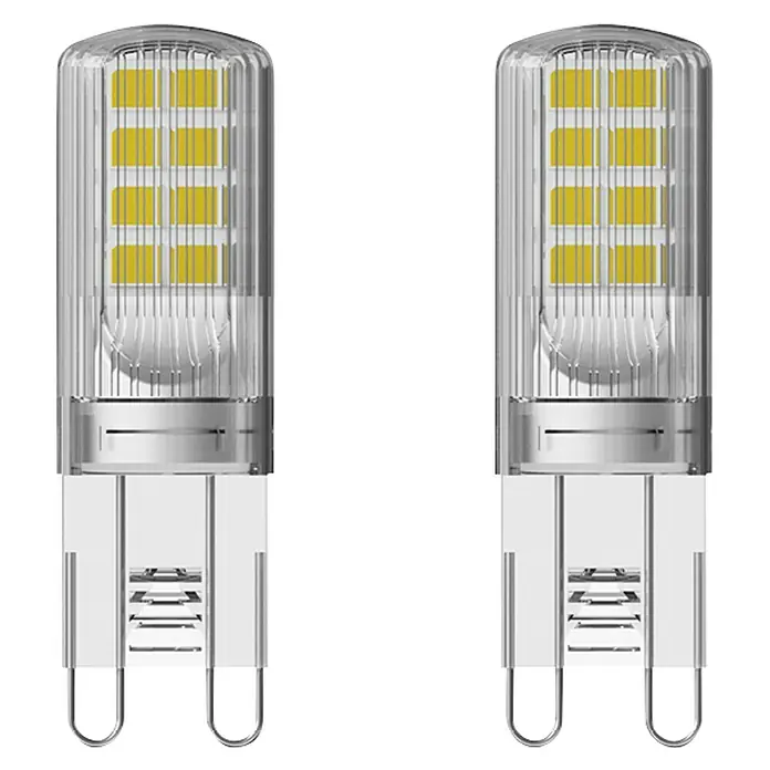 Osram Star LED-Lampen Set Pin G9 - G9, Nicht Dimmbar, Warmweiß, 320 lm, 2,6 W, 2 Stk. - Nahaufnahme von zwei G9 LED-Lampen, die für ihre Energieeffizienz und lange Lebensdauer bekannt sind, ideal für moderne Beleuchtung.