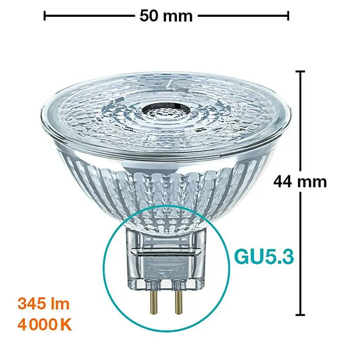 Osram Bombilla LED Star MR16 - GU5,3, No regulable, Blanco frío, 350 lm, 4,6 W - Imagen de una bombilla halógena GU5.3, incluyendo sus dimensiones. La bombilla tiene 50 mm de ancho y 44 mm de alto. Flujo luminoso de 345 lm, 4000 K.