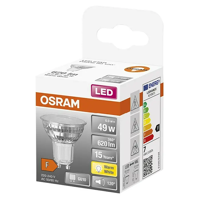 Osram Star Bombilla LED Star PAR1680 - GU10, No regulable, Blanco cálido, 575 lm, 6,5 W - Lámpara LED Osram en su embalaje, clase de eficiencia energética F, diseñada para una iluminación brillante y eficiente.