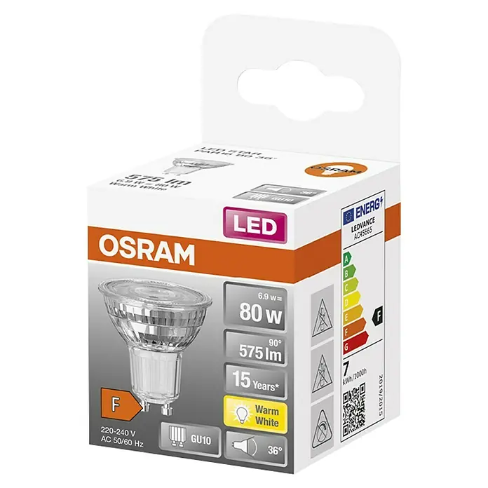 Osram Star Bombilla LED - GU10, No regulable, Blanco cálido, 575 lm, 6,9 W - Primer plano del embalaje de una bombilla LED Osram, destacando características clave del producto como lúmenes, potencia y vida útil.