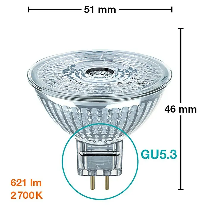 Osram Bombilla LED Star MR16 - GU5,3, No regulable, Blanco cálido, 621 lm, 6,5 W - Imagen de una bombilla halógena GU5.3, que mide 51 mm de ancho y 46 mm de alto, conocida por su brillo de 621 lm y una temperatura de color de 2700 K.