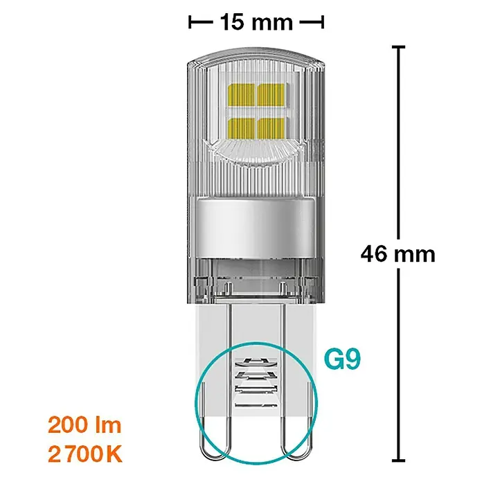 Osram Star Bombilla LED - G9, No regulable, Blanco cálido, 200 lm, 1,9 W - Imagen de una bombilla LED G9, de 15mm de ancho y 46mm de alto. Tiene una salida de luz de 200lm y una temperatura de color de 2700K.