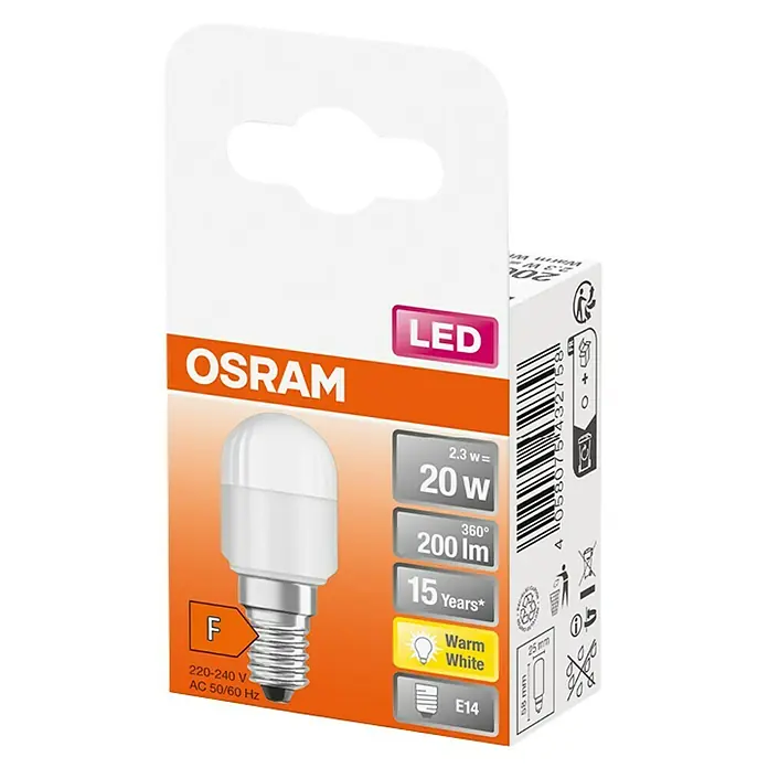 Osram Bombilla LED Special T26 - E14, No regulable, Blanco cálido, 65 lm, 1,4 W - Primer plano del embalaje de la bombilla LED Osram, destacando la marca, el tipo y las características principales del producto.