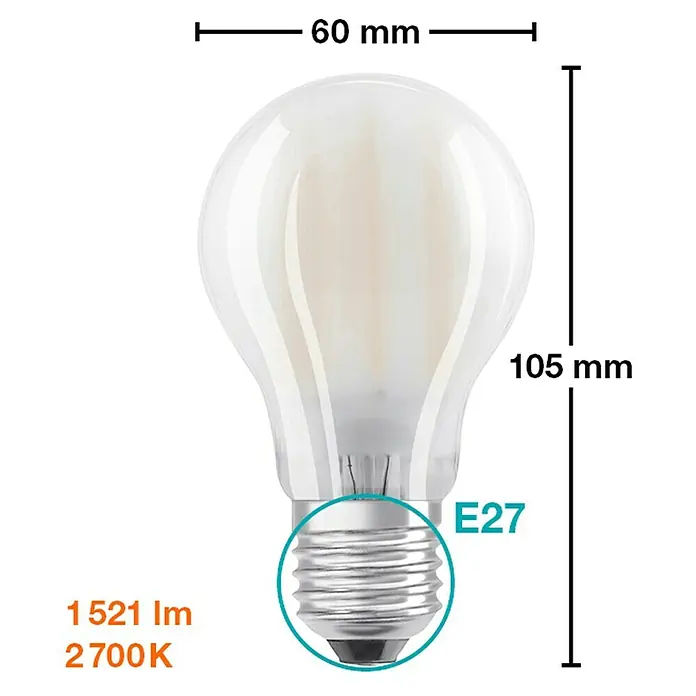 Osram Retrofit Bombilla LED - E27, No regulable, Blanco cálido, 1.521 lm, 11 W - Imagen del producto de una bombilla LED E27 con un diámetro de 60 mm, una altura de 105 mm y que emite 1521 lúmenes a 2700K.