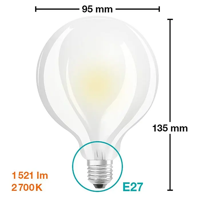 Osram Retrofit Bombilla LED Classic Globe 100 - E27, No regulable, Blanco cálido, 1.521 lm, 11,5 W - Ilustración de una bombilla LED E27 de 135 mm de alto y 95 mm de ancho. La bombilla tiene una intensidad luminosa de 1521 lm y una temperatura de color de 2700 K.