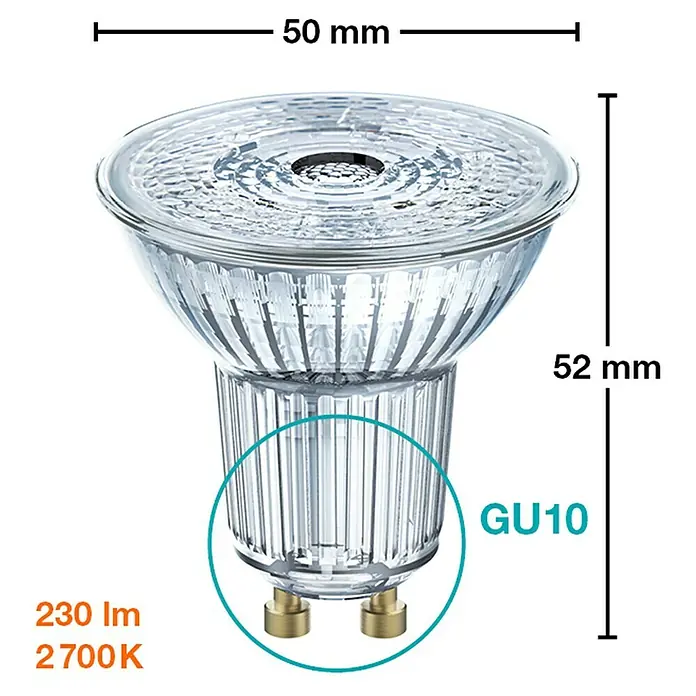 Osram Star Set de bombillas LED PAR16 - GU10, No regulable, Blanco cálido, 230 lm, 2,6 W, 3 ud. - Imagen del producto de una bombilla LED GU10 con dimensiones de 50 mm de diámetro y 52 mm de altura. La bombilla tiene 230 lm de flujo luminoso y una temperatura de color de 2700K.