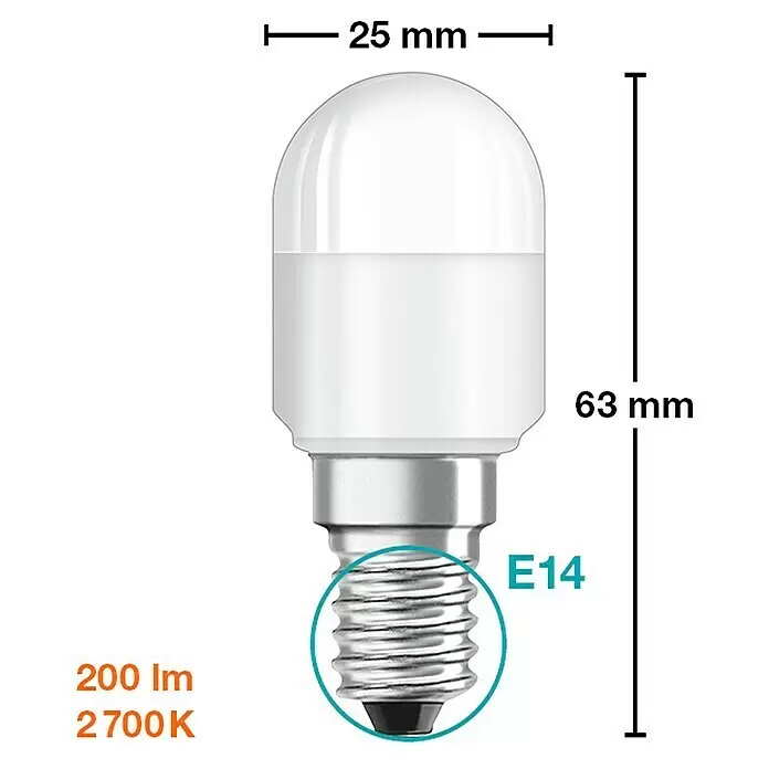 Osram Bombilla LED Special T26 - E14, No regulable, Blanco cálido, 65 lm, 1,4 W - Bombilla LED blanca con casquillo E14, 25x63mm. Emite 200 lúmenes a 2700K blanco cálido.