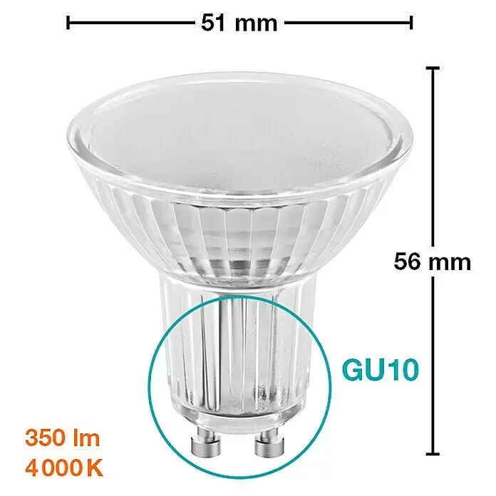Osram Bombilla LED Star PAR16 - GU10, No regulable, Blanco frío, 330 lm, 4,3 W, Ángulo de haz: 120 ° - Bombilla LED GU10 transparente, 51 mm de diámetro, 56 mm de altura, con patillas plateadas, 350 lúmenes, 4000K.